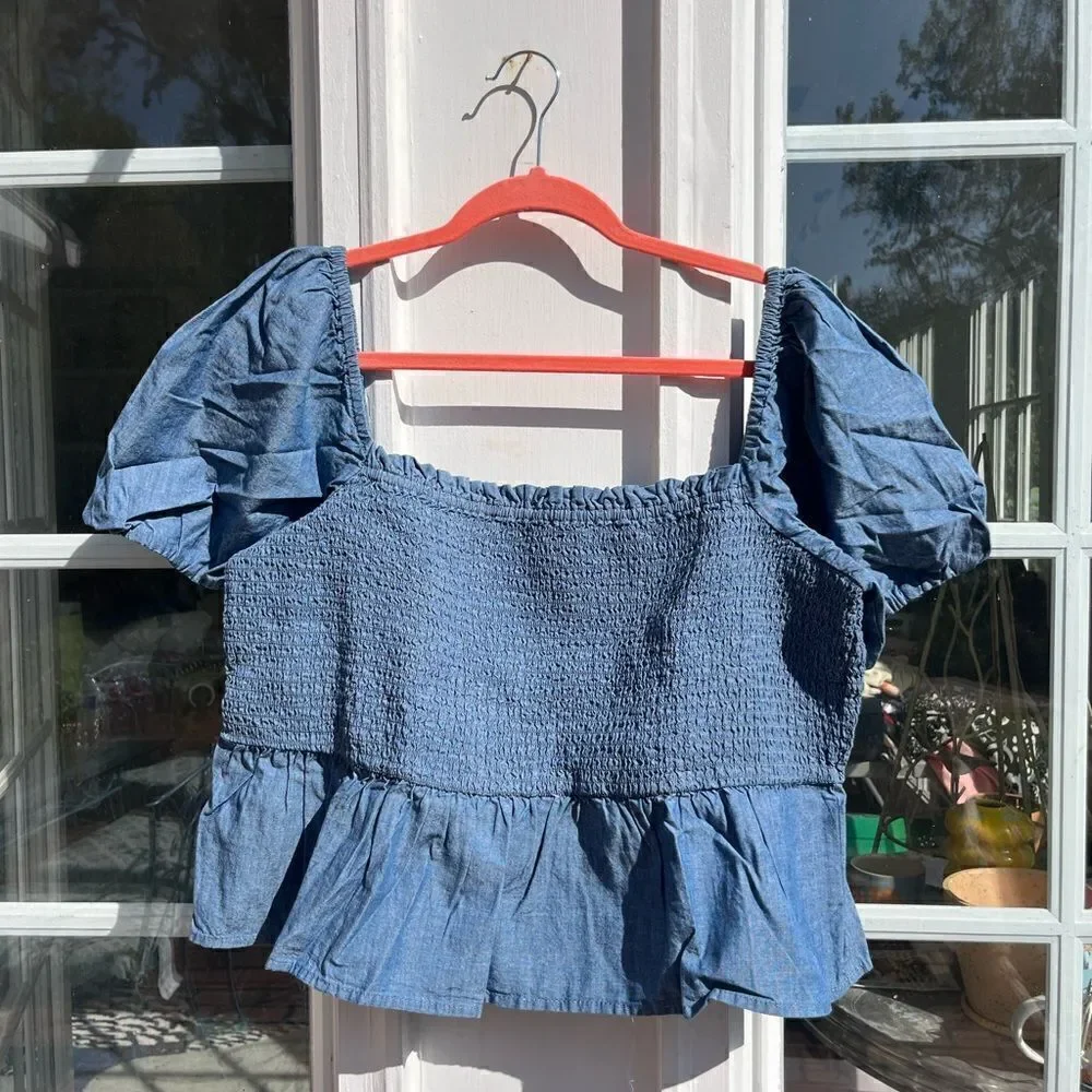 J Crew Chambray Squareneck Smocked Puff Sleeve Top NWT